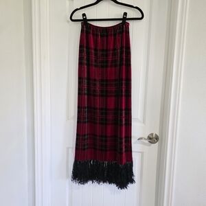 Vintage Velvet Velour Red Black Plaid Fringe Maxi Skirt